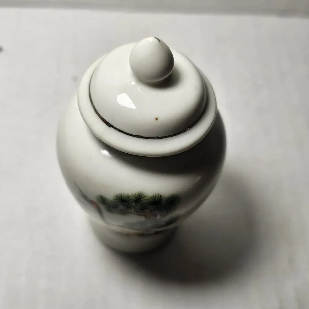 Vintage Porcelain Ginger Jar with Lid & Crane Floral Decor Japan